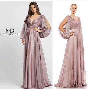 NWT Mac Duggal NEW Evening‎ 67414D Split Long Sleeve Deep V-Neck Gown SZ 4 PINK
